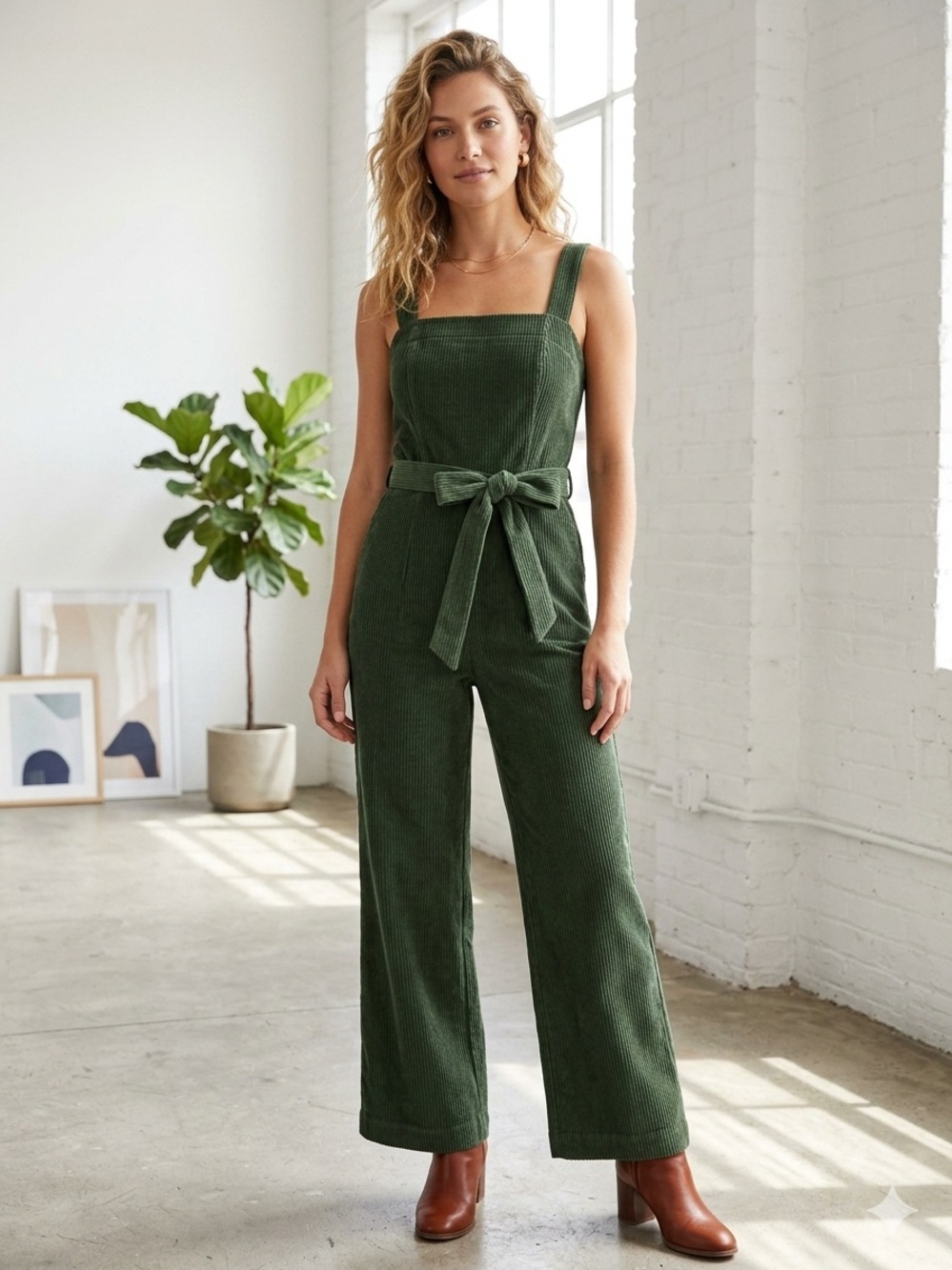 Monteau Dark Green Corduroy Tie-Waist Jumpsuit